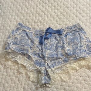 Anthropologie Blue and Cream Lace Sleep Shorts